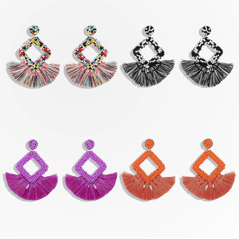 

Miwens Boho Handmade Beads Square Dangle Drop Earrings for Women Charm Colorful Heart Tassel Pendent Statement Earrings Jewelry