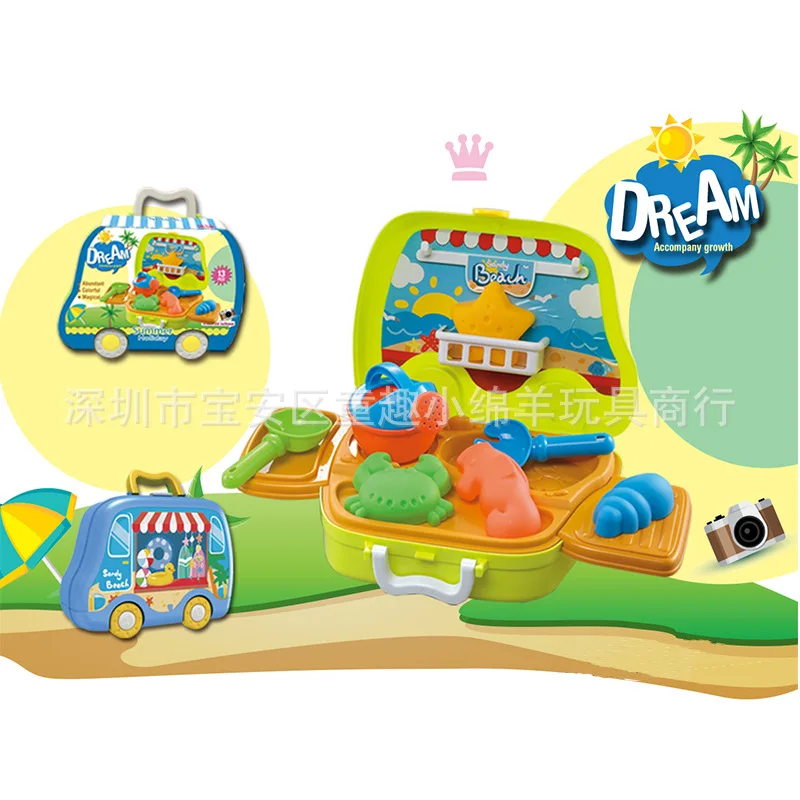 

Children Play House Educational Toy Model Gourmet Tableware Set Food Trucks Draw-bar Suitcase Beach shou ti che Combination