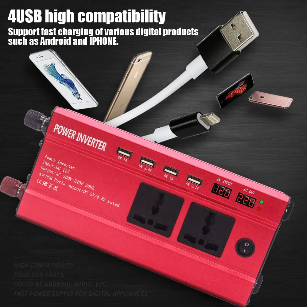 Premium Power Inverter DC 12V To AC 220V 4 USB Car Transformer Electronic Aluminium Alloy | Автомобили и мотоциклы