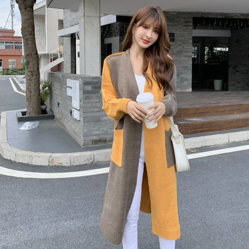 

Patchwork long cardigan women sweaters Fashion Long sleeve pocket winter cardigans Casual knitwear Outerwear Plus size clothing