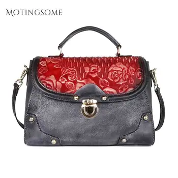 

National Style Genuine Leather Women Bag Top Handle Bag Embossing Flowers Hasp Vintage Natural Calfskin Luxury Shopper Bag 2020
