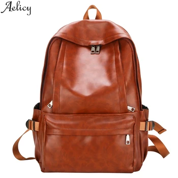 

Aelicy Men and Girls Backpack PU Leather Large Capacity Computer USB Charging Bag Simple Fashion Pure Color Student School Bag