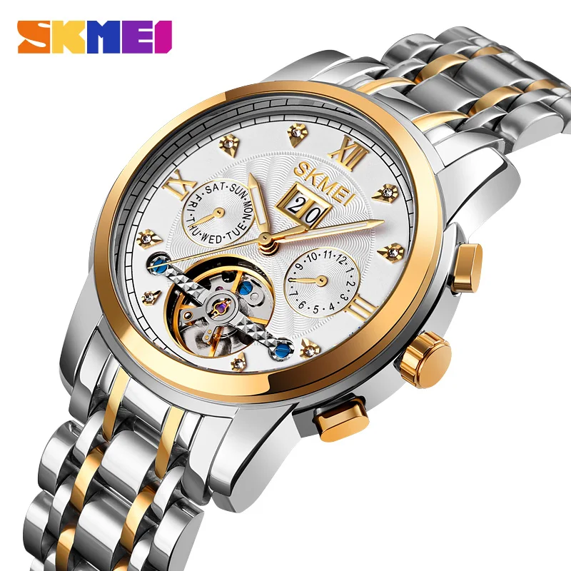 

SKMEI Creative Week Date Month Time Tourbillon Automatic Mechanical Men Watches Luminous Hands Clock Casual Male Wristwatch M029
