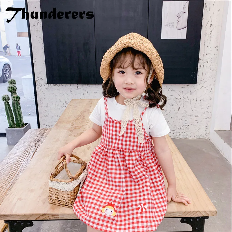 Thunderers Summer Girl Clothing Set White Shirt With Red Plaid Dress Embroidery Cartoon Cotton Toddler Baby Clothes Suit 3Y-7Y | Мать и