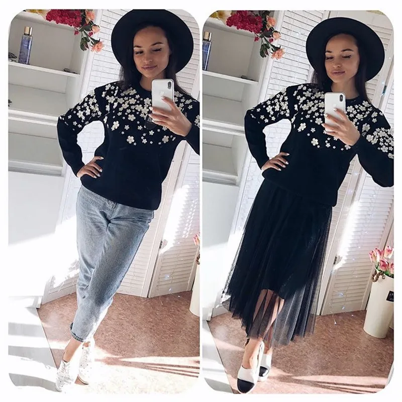 Günstig Frauen Mode Pullover weiß floral 3D perlen Schlank Herbst Winter Pullover Einfache Vintage Gestrickte Top Dünne blusas C 034