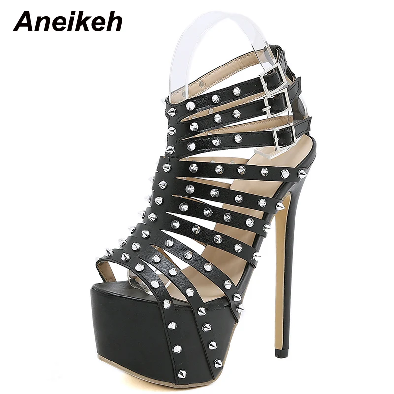 Aneikeh Gladiator Rivet Women High Sandals Summer Sexy Stripper 17.5CM Thin Heels Shoes Platform Fashion Narrow Band Pumps