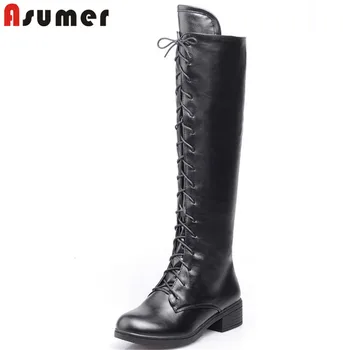

ASUMER 2020 big size 43 knee high boots women lace up round toe low heel riding boots fashion autumn winter shoes female