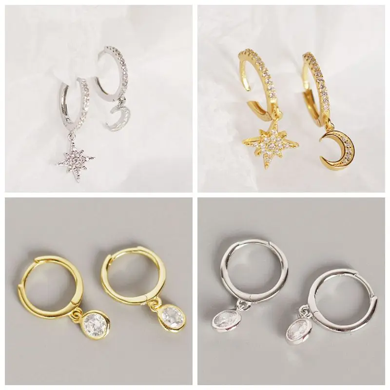 Красивый циркон Серебро 925 пробы Серьги-гвоздики с подвесками для Для женщин набор звездных крестообразных шар с сердечками кусочек очарование серьги-шпильки A30