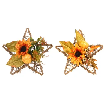 

Wall Hanging Wooden Five-star Sunflower Pumpkin Simulation Succulent Wall Hanging Halloween Thanksgiving Decoration