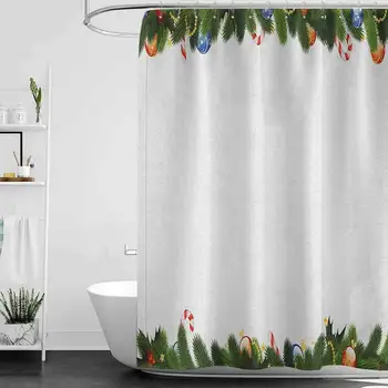 

New Year Waterproof and colorful shower curtain Fir Tree Branches with Christmas Theme Candy Canes Baubles Festive Winter