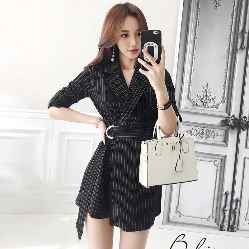 

2019 Spring And Summer New Style Slim Fit Wear Ol Thin Stripe Suit Collar Side Buckle Half-sleeve Shirt Set Onesie