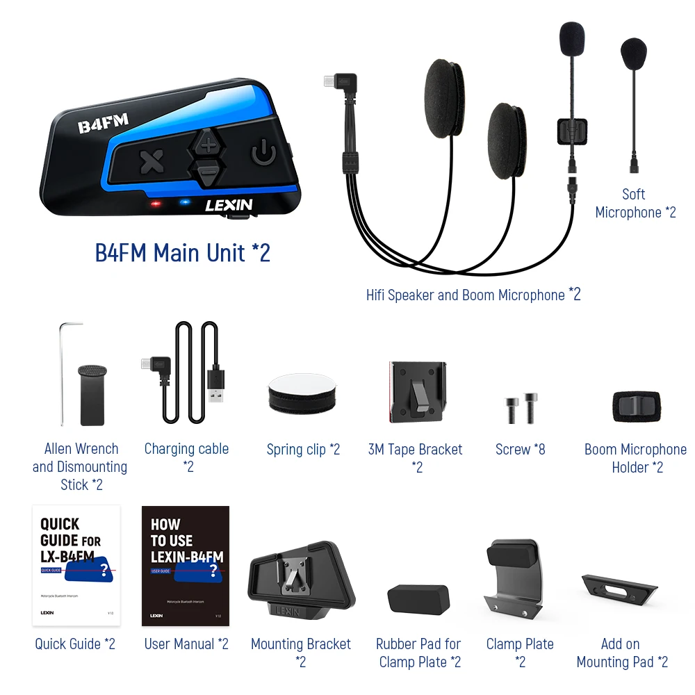 Lexin Bluetooth Motorcycle Intercom 10 Ways Wireless Moto Helmet Headset  Interphone B4FM-X Music Sharing intercomunicador moto