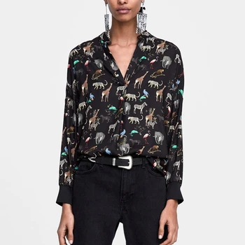 

2019 Autumn New Disney Animal Print Stand Collar Shirt Western Style Street Casual Loose Long Sleeve Womens Tops and Blouses