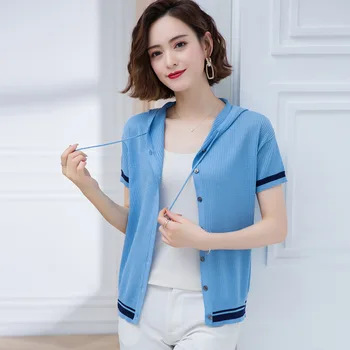 

Women's Thin Hooded Short Sleeve Knit Button Cardigan gray