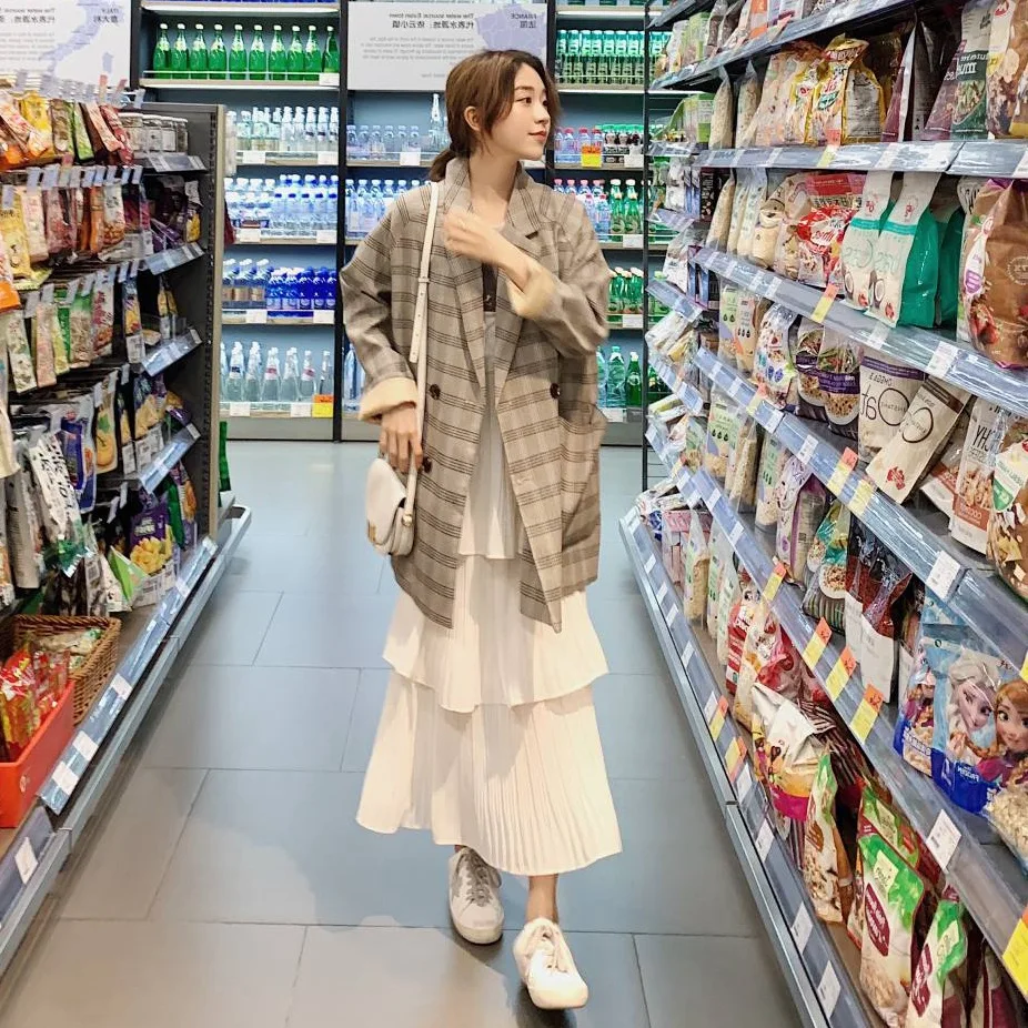 

Photo Shoot France Non-mainstream Artistic Plaid Oversize Loose Casual Double Breasted Suit Jacket Women's Mid-length