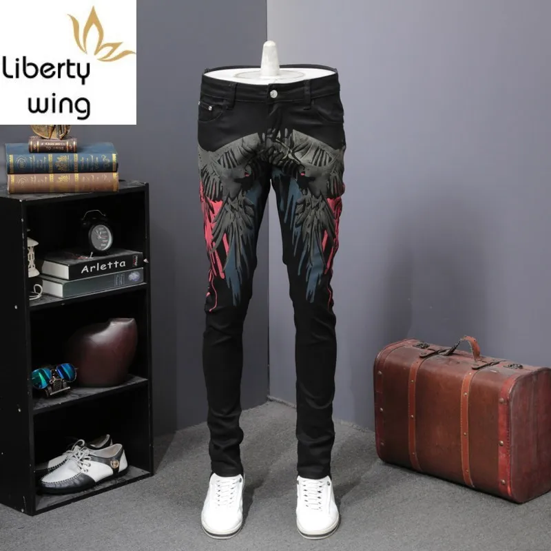 

Black Print Slim Fit Straight Men Fashion Zipper Hip Hop Denim Trousers Club Pantalon Homme Top Quality Party Jeans