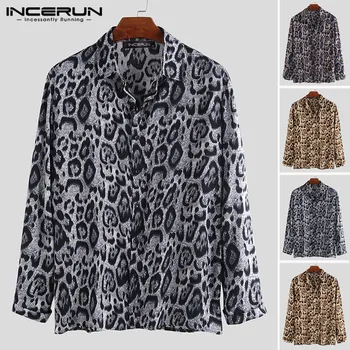

INCERUN Leopard Print Shirt Men Lapel Collar Long Sleeve Camisa Masculina Fashion Chic Casual Streetwear Party Mens Shirts 2020
