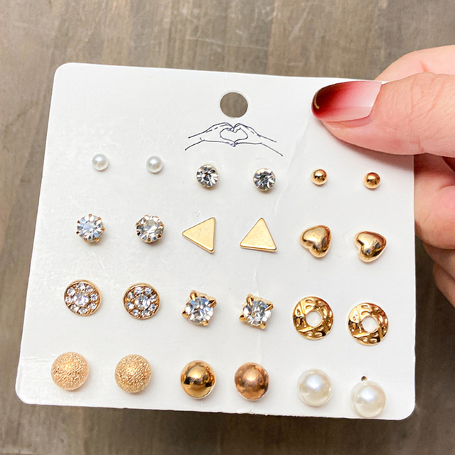 Geometric Gold Silver Color Cubic Zircon Crystal Stud Earrings Set For Women Fashion Pearl Earrings Gifts Jewelry