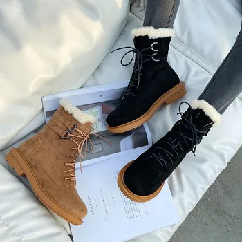 

Comfortable winter shoes women fur headband boots cross-tied platform low heels new arrival 2020 round toe warm plush snow boots