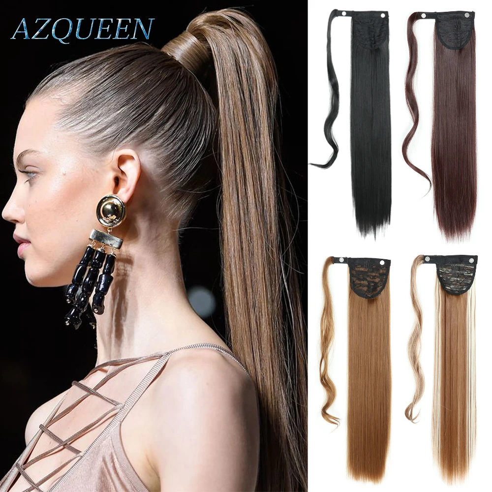 Wrap Around Ponytail Clip in Hair Extensions Long Straight Ponytail  Natural Hairpiece Headwear Brown Gray Synthetic Hair