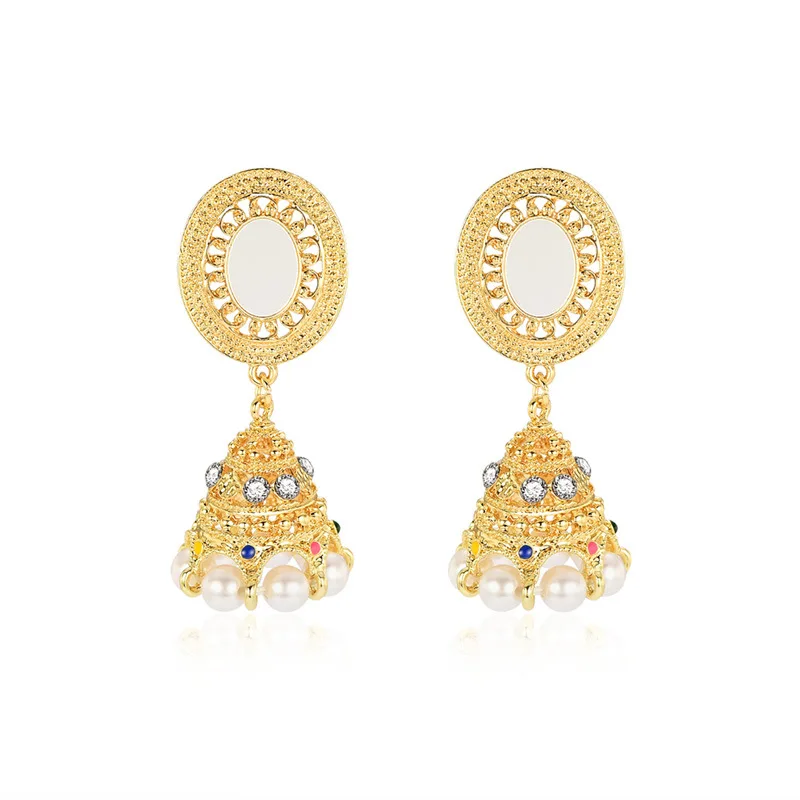 Серьги золотые индийские Jhumka Таиланд ручной работы Жемчуг Бусины Буддизм Будда
