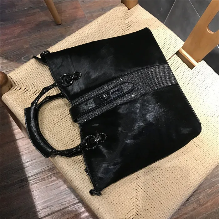 Horse Hair Rhinestone Woman Handbag Genuine Leather Totes Diamond Shoulder Bag Anti-theft Lock Buckle Winter Fur Bags New