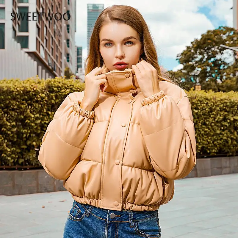 Winter Thick Warm Short Parkas Women Fashion Black Pu Leather Coats Women Elegant Zipper Cotton Jackets Female Ladies