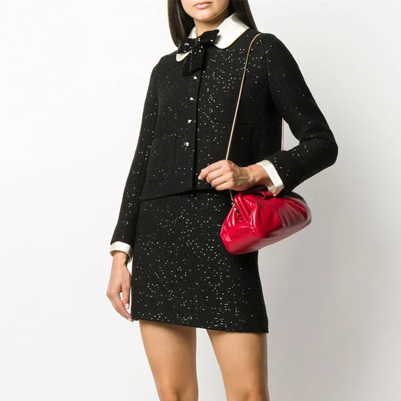 

Black Tweed Two Piece Set Women 2020 Runway Turn Down Collar SIngle Breasted Sequins Tweed Jacket And A line Mini Skirt Suit Set