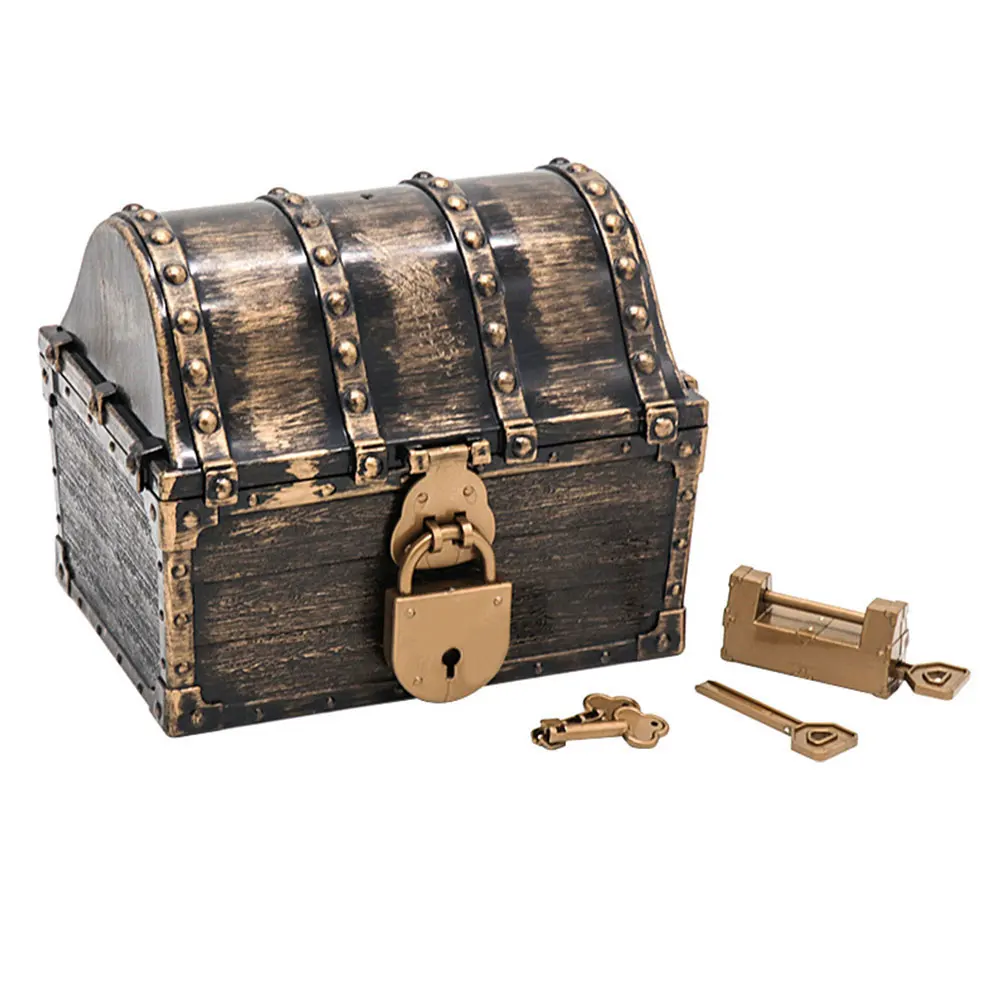 Детский Подарочный игровой набор старинный ящик для хранения пластиковый с ключами пират, сундук с сокровищами золотые монеты подставка для драгоценностей детские игрушки безделушка - Цвет: Bronze
