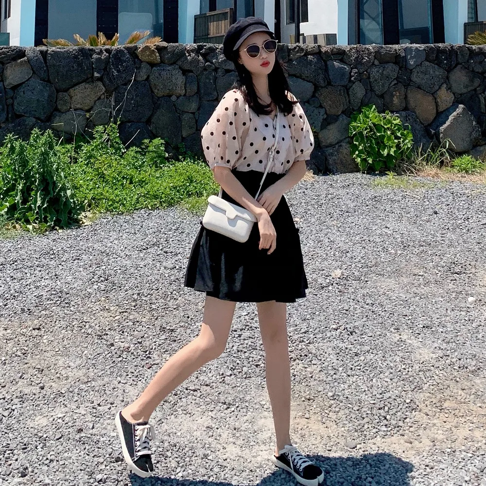 

France Non-mainstream WOMEN'S Suit 2019 Summer New Style Retro Laziness Polka Dot Chiffon Shirt + A- line Skirt Two-Piece Set