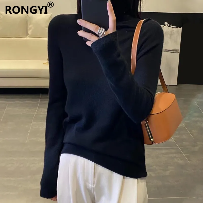 RONGYI Ladies 100%Pure Wool Sweater Spring Autumn New High Neck Tops Large Size Knit Pullover Warm Long-Sleeve Cashmere Sweaters sweater hoodie Sweaters