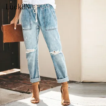 

Distressed Knee Ripped Long Jeans Women Autumn 2019 Holes Loose Trouser Jeans Drawstring Elastic Waist Pockets Denim Jeans Pants