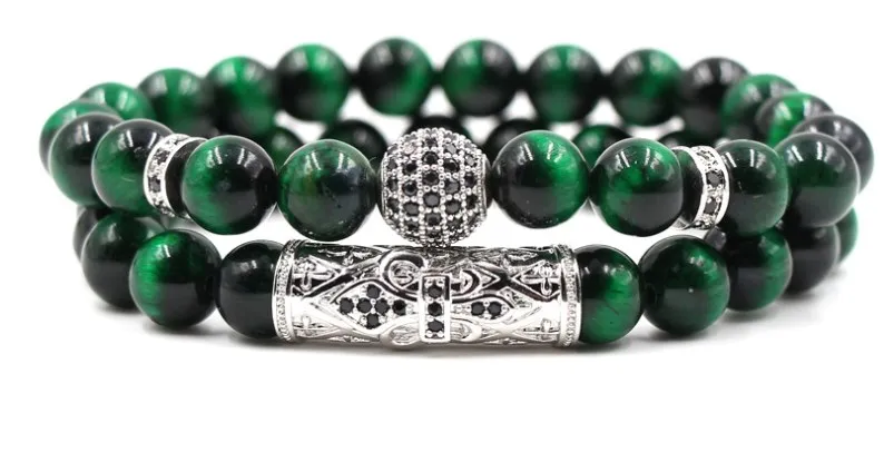 8 мм 2 шт./компл. tg24 Эластичный регулируемый натуральный зеленый Tigereye шарик микро проложить cz Циркон кубический цирконий медные браслеты браслет