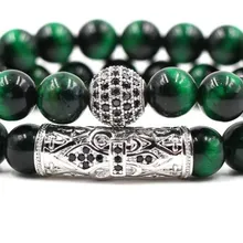 8 мм 2 шт./компл. tg24 Эластичный регулируемый натуральный зеленый Tigereye шарик микро проложить cz Циркон кубический цирконий медные браслеты браслет