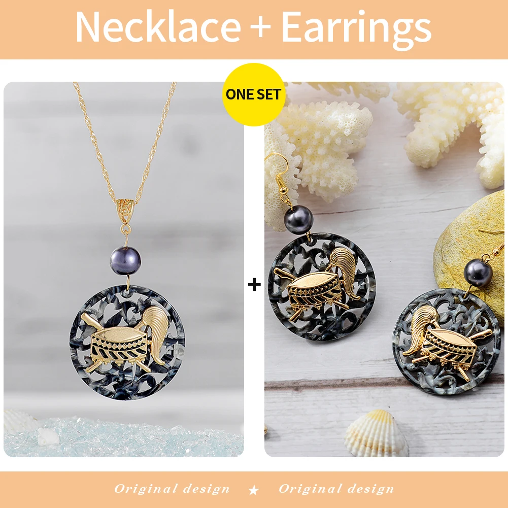 Cring Coco Polynesian Jewelry Sets Hawaiian Trendy Acrylic Instrument Drum Pendant Necklaces Earrings Set Wholesale for Women 