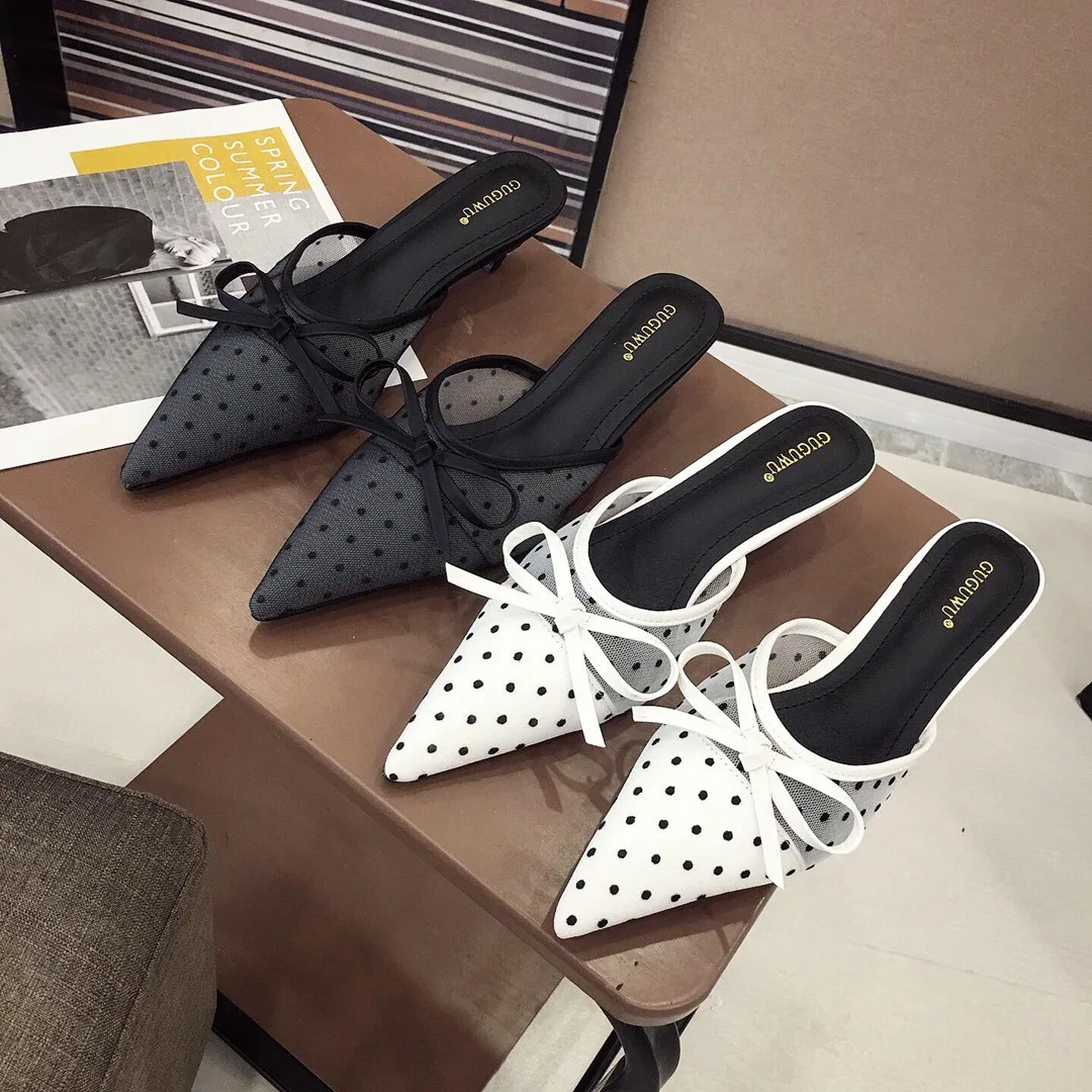 

2019 New Style Polka Dot Lace Mules Shoes Gauze Pointed-Toe Closed-toe Semi-high Heeled Outer Wear Sandals WOMEN'S Shoes 782-21