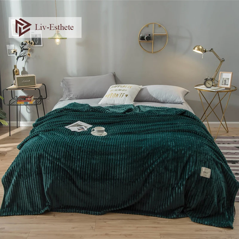 

Liv-Esthete Striped Milk Velvet Green Travel Throw Blanket Flannel Blanket Queen King Adult All Season For Sofa Bed Drop Ship
