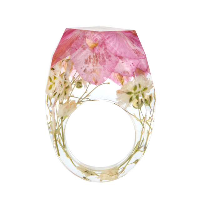 Transparent Forest Handmade Dried Flower Resin Ring Colorful Ink Pattern Scenery for Women Fashion Jewelry Ring