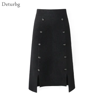 

Womens Double Cashmere A-Line Skirt Female Casual High Waist Double-breasted Knitted Black Skirts Saias Faldas 2019 Winter SK460