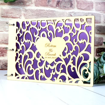

Personalized Wedding Hollow Guest Book with heart，Custom Wood Guest Check in Book Party Decor Favor ,write to name & date