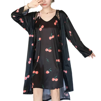 

Women’s Pajamas Set Sexy Spaghetti Strap Night Dress + Nightgown Robe Sleepwear