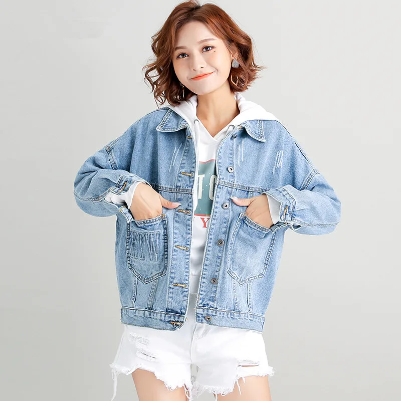 

Luckin yoyo 2019 Women Plus Size 6XL long basical jeans jacket coat Bleach Full Sleeves Single Breast Slim Women Denim Jacket