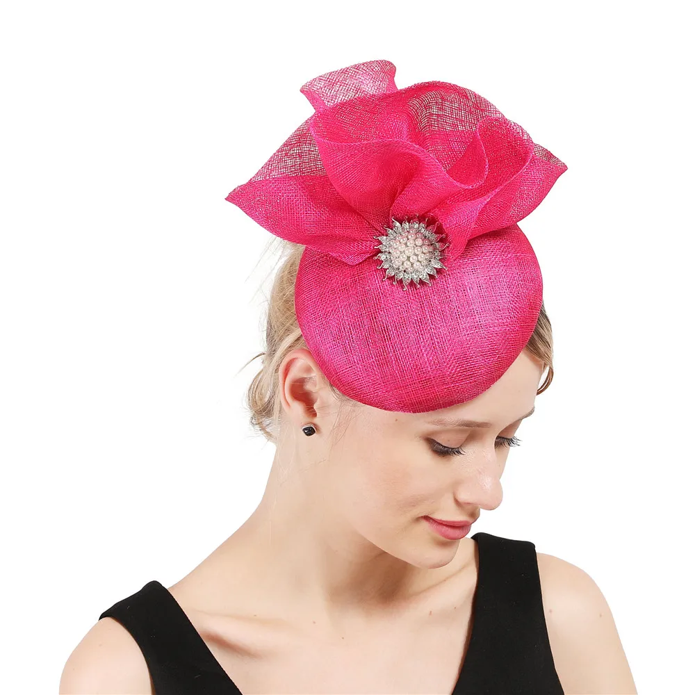 4-Layer sinamay Women Elegant female bow fascinator Hat nice millinery hat races Gorgeous headwear For Ladies hair accessories - Цвет: Розово-красный