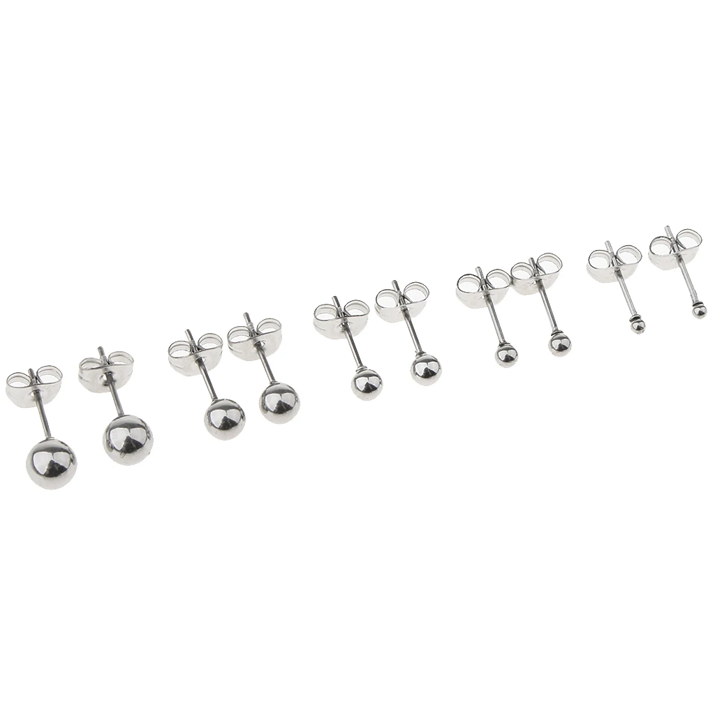 5 Pairs 20 Gauge Stainless Steel Stud Earrings Round Ball Men Women Assorted Size Ball 2mm 3mm 4mm 5mm 6mm