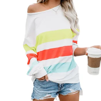 

Women's Sweaters Colorful Long Sleeve Splicing Stripe Round Collar Pullover Knit Short Coats