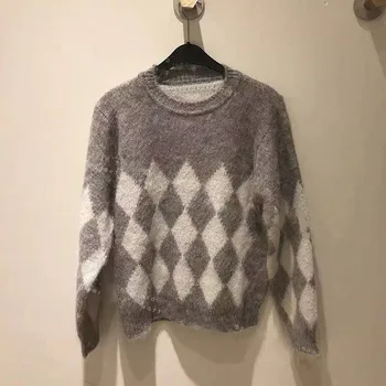 

Women Sweater 2019 Autumn and Winter Ladies Round Neck Diamond Jacquard Stitching Knitted Sweater Top