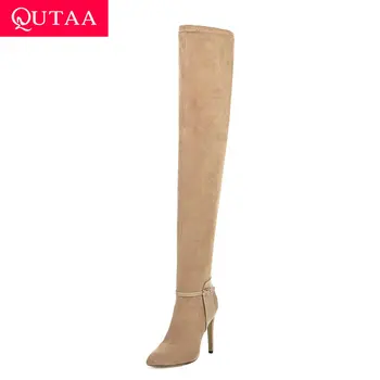 

QUTAA 2020 Stretch Flock Slip on Over The Knee High Boots Autumn Winter Sexy Thin High Heel Pointed Toe Women Shoes Size 34-43
