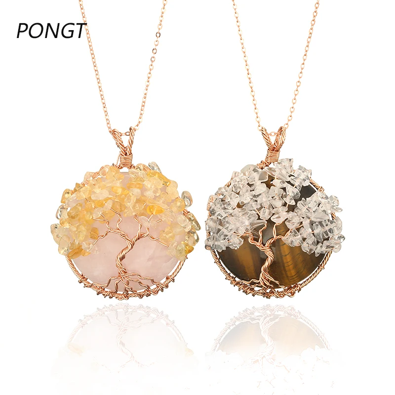 

Reiki 7 Chakra Natural Stone Tree of Life Pendant Necklace Hand Made Rose Gold Color Wire Wrap Healing Quartz Crystal Pendants