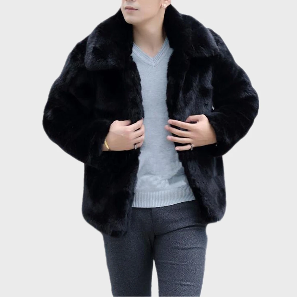 Men's Winter Parka Coat Warm Overcoat Long Sleeve Turn  Collar Soft Faux Fur Coat Jacket Short Outwears genuine leather motorcycle jackets