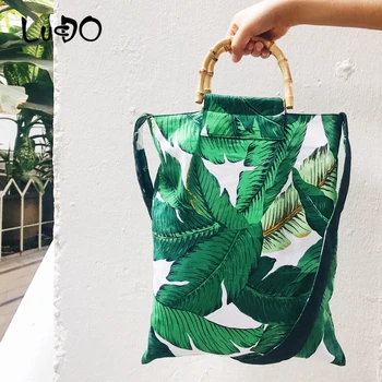 

Women Bamboo Handlebag Bohemian Fashion Can Be Fold Over Beach Bag Printed Canvas Shopping Bag Large Big Tote Shoulder Bag Totes